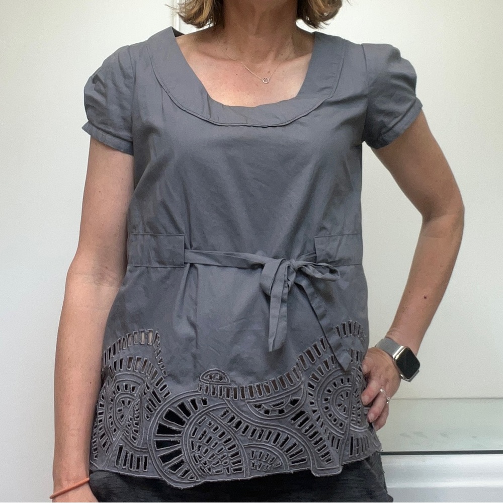 Calvin Klein steel purple gray top with cutouts along bottom